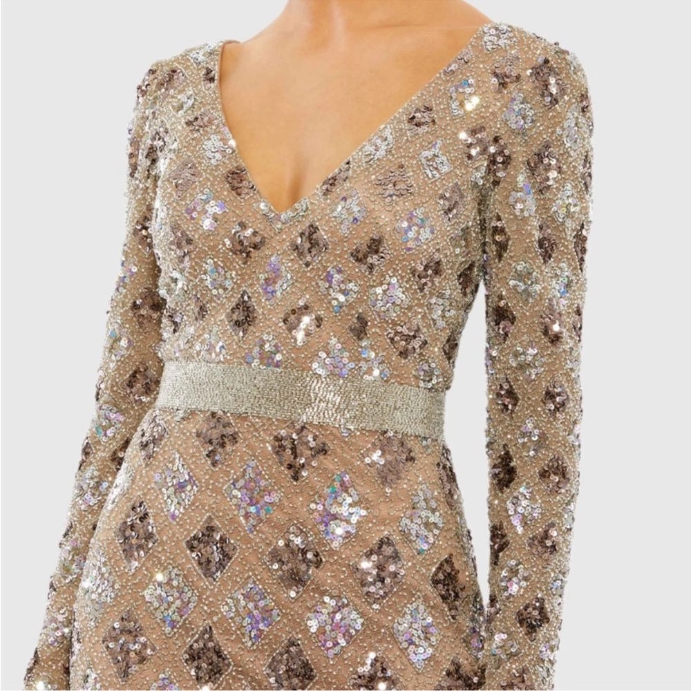 NWT Mac Duggal Mocha Brown Geometric Embellished Evening Gown Sequin 5021 Sz 10